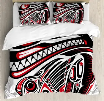 

Tribal Duvet Cover Set King Size Haida Style Animal Art Wild Ethnic Eagle and Killer Dog with Sharp Teeth Print Decorative