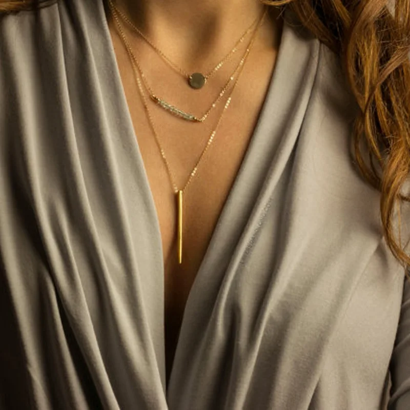 

2018 Fashion Dainty Metal Bar Pendant Necklace Beads Chain Chokers Necklaces 3 Chain Collar Collares Bohemia Jewelry