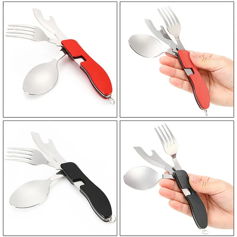 4 en 1 al aire libre vajilla (horquilla/cuchara/cuchillo/abrelatas de botella) camping DE ACERO INOXIDABLE plegable bolsillo Kits para senderismo supervivencia de viaje