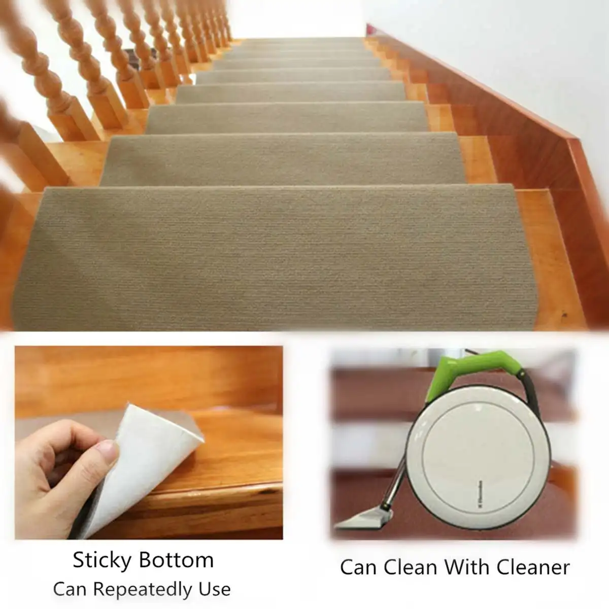 14pcs Brown/Beige Polyester Anti-slip Stair Pads Carpet Mat Self-adhesive Sticky Bottom Repeatedly-use Safety Pads Mat for Home