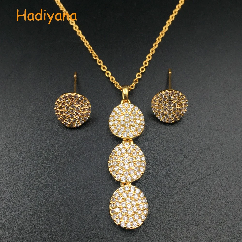 HADIYANA High Quality Zircon Classic Jewelry Set 2 Round Stud Earring Pendant Necklace For Woman