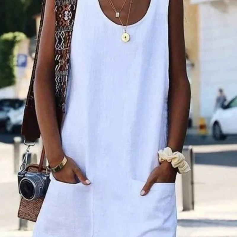 

2019 Summer New Large Size Women's Dresses Pure Color Round Neck Button Sleeveless Double Pocket Dress