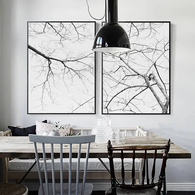 Iskandinav Siyah Beyaz Manzara Gec Sonbaharda Kuru Agac Dallari