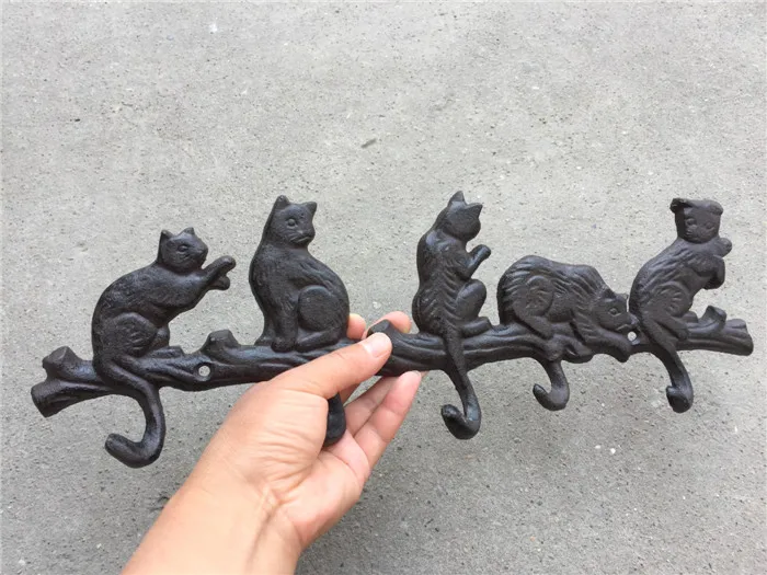 3 Cast Iron Rustic Cat Tail Coat Wall Hooks Decorative Key Hanger Cat