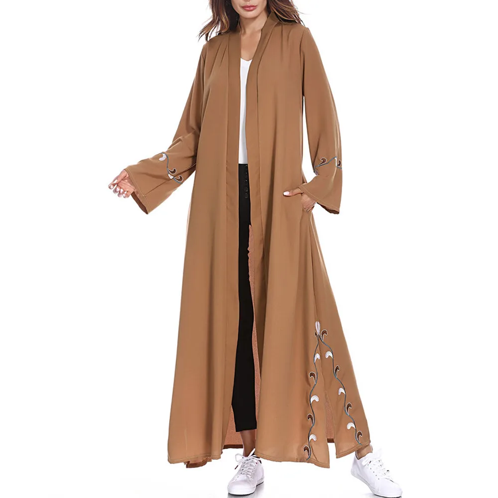 Muslim Women Islamic Embroidered Cardigan Long Coat Middle East Long Robe - Цвет: Coffee