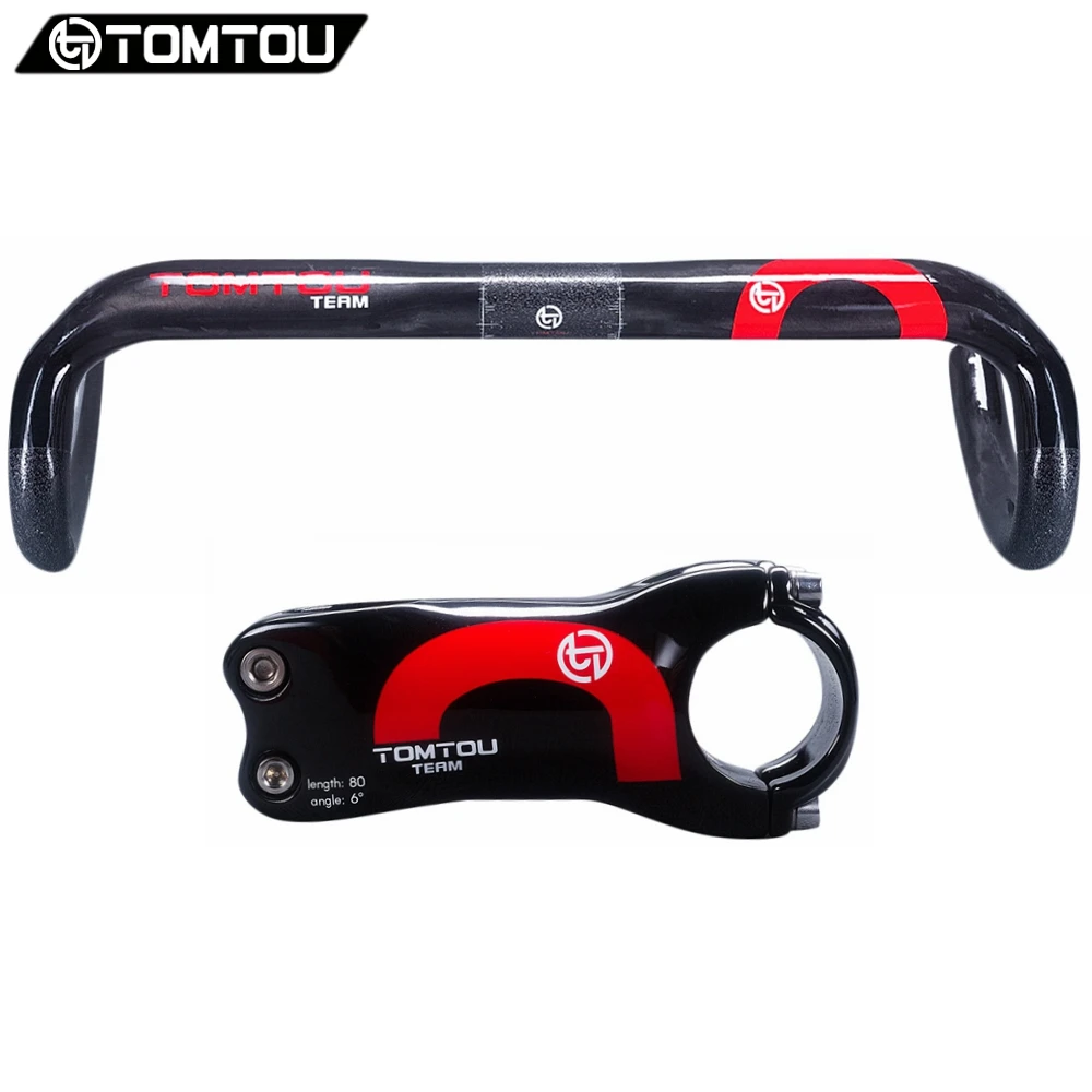 

TOMTOU Cycling Road Bike Bent Bar + Stem Super Light Bicycle Carbon Road Handlebar Set UD Finish Glossy Red - TC2T34