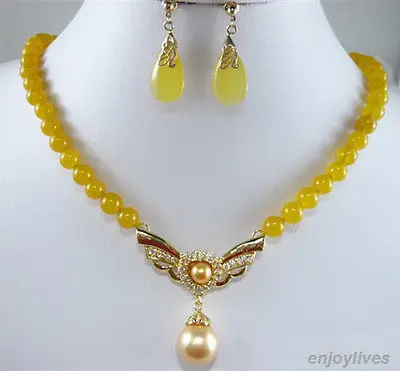 

Yellow Jade Golden Shell Pearl Crystal Gold Plated Pendant Necklace Earrings Set AAA style 100% Natural jade Noble Fine jewe