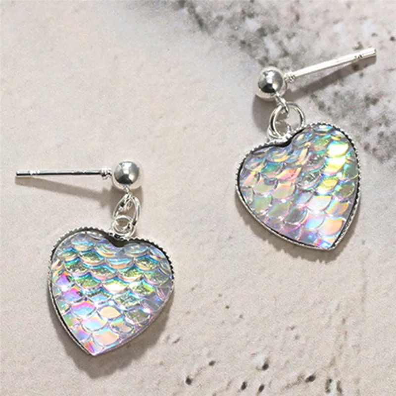 Handmade Drusy Resin Beads Heart Earrings Mermaid Fish Scale Pattern