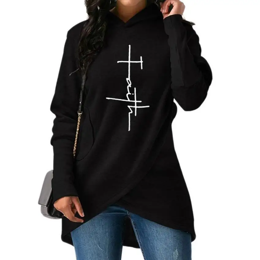 Split Hoodies For Women Faith Letters Print Tops Hoodies Women Kawaii Sweatshirt Femmes Pattern Pockets Clothings Cute Plus Size