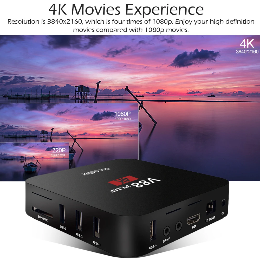 Docooler Smart Android tv Box V88 Plus Android 8,1 2 ГБ/16 ГБ RK3229 четырехъядерный телеприставка 4K коробка VP9 H.265 WiFi LAN HD медиаплеер