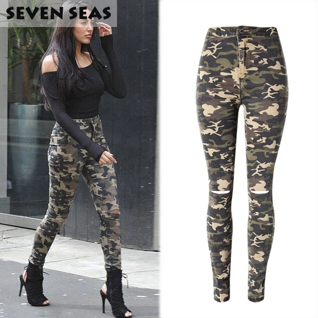 New Fashion Skinny Ripped Jeans Women High Waisted Camouflage Jeans Stretch Pencil Jean Slim Femme Camo Pants _ - AliExpress Mobile
