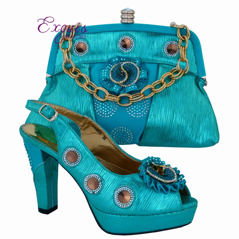 Sky blue High class party sets Italian design shoes and bag African sandal matching with handbag
