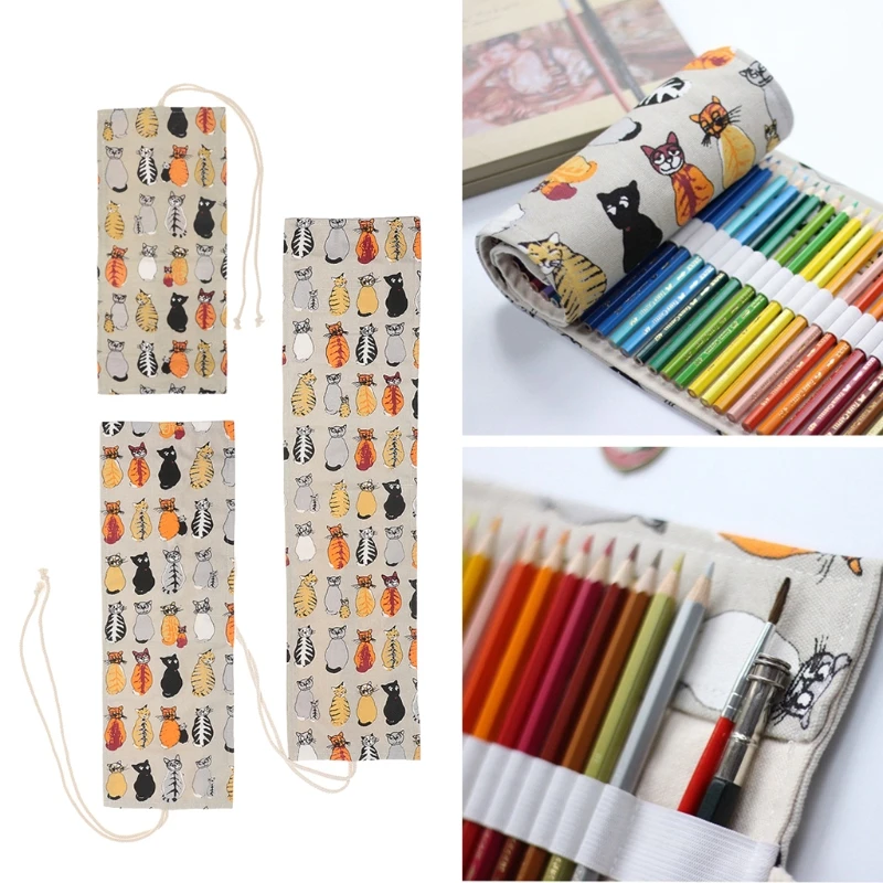 

36/48/72 Holes Art Cat Pencil Case School Canvas Roll Pouch Pecncil Box
