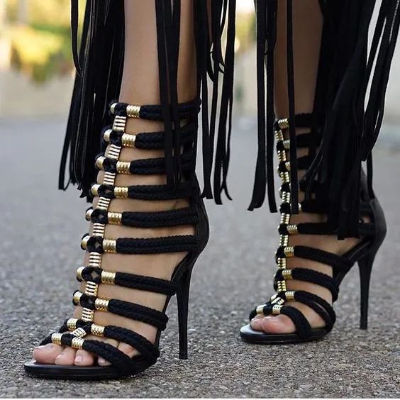 2016 Fashion Rope Straps Cut Out Women Sexy Sandals Gold Studs