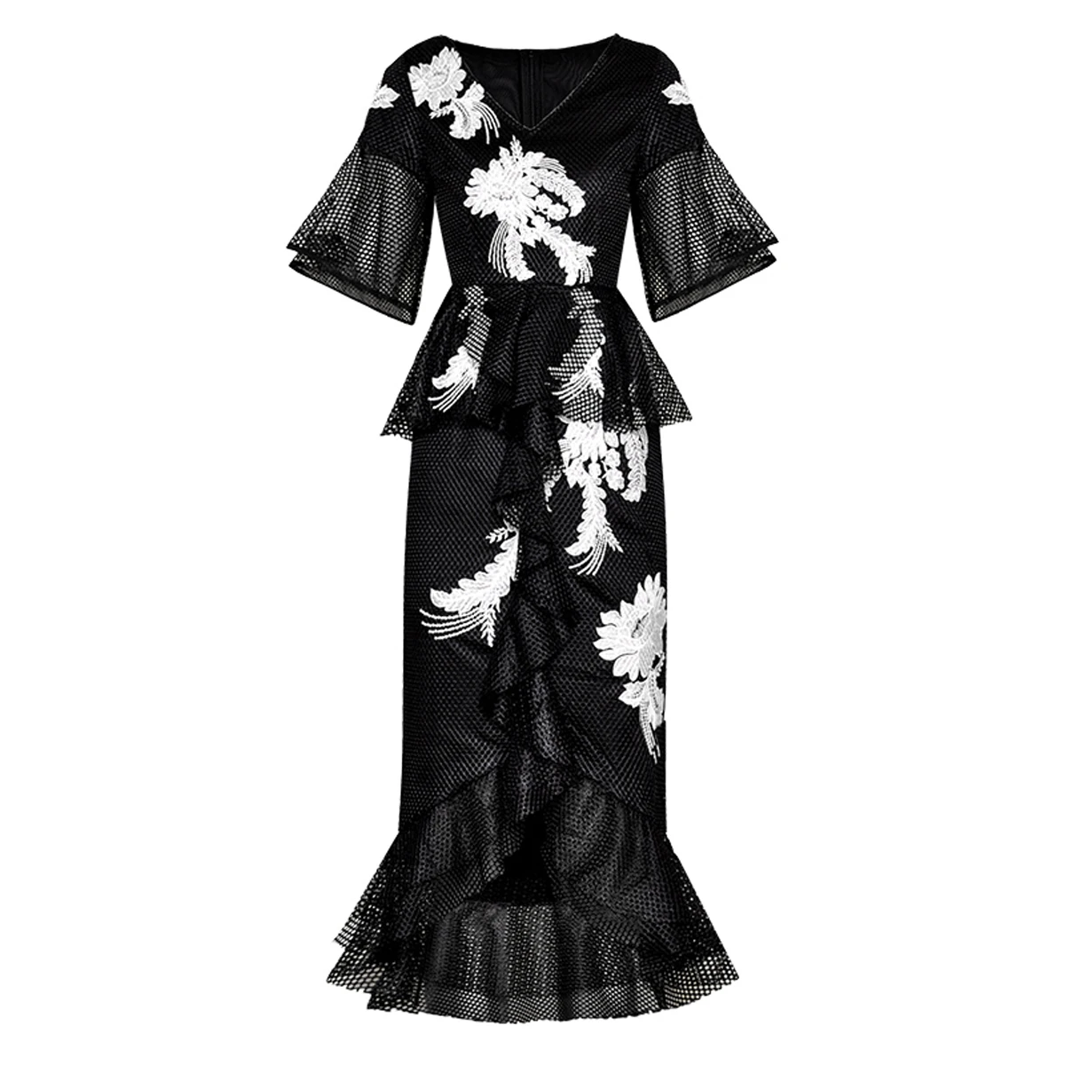 

Red RoosaRosee Fashion Runway Designer Dress Summer Women Floral Embroidery Black Mermaid Dresses Sexy Party Vestidos Robe Femme
