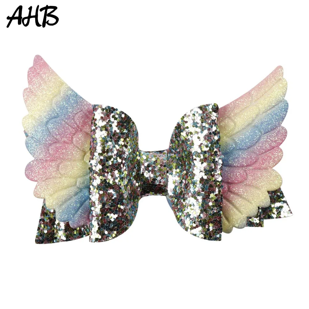 

AHB Hot Rainbow Glitter Hair Clips for Girls Hair Bows 4" Wing Barrettes for Kids Handmade Hairgrips Hairpin Hair Accessories