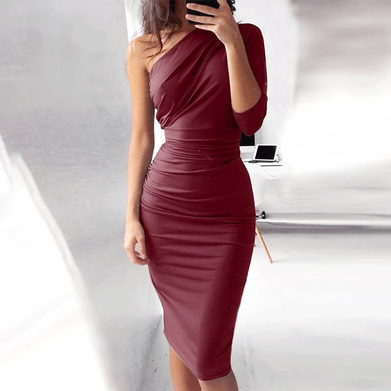 

Sexy One Shoulder Five-minute sleeve sleeve Women's Dress 2019Hot Selling Pure Color Inclined Shoulde party Tight fittingDress