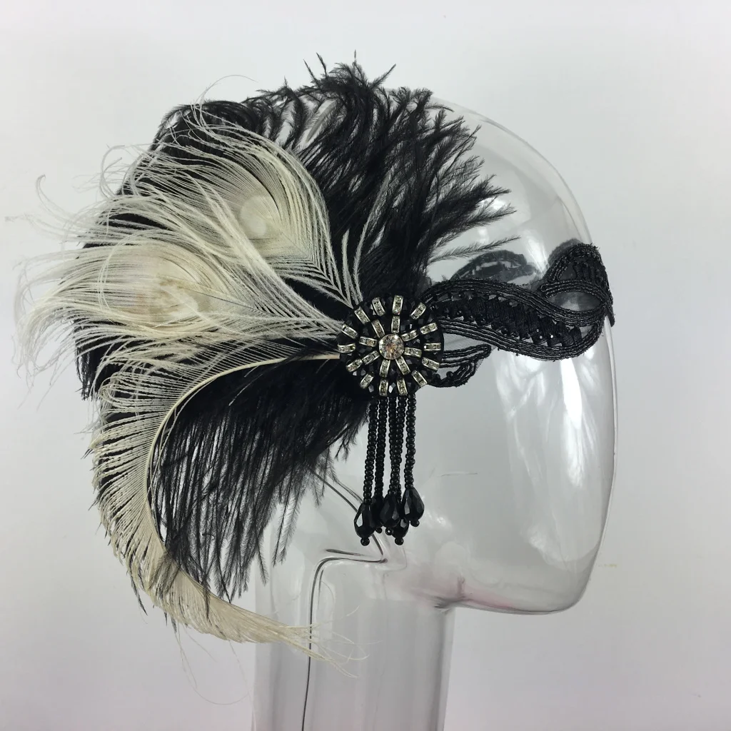 Женский головной убор в стиле ретро, 1920 s, черный, бежевый, перо, Хлопушка, повязка на голову, отличный Гэтсби, модный аксессуар для волос