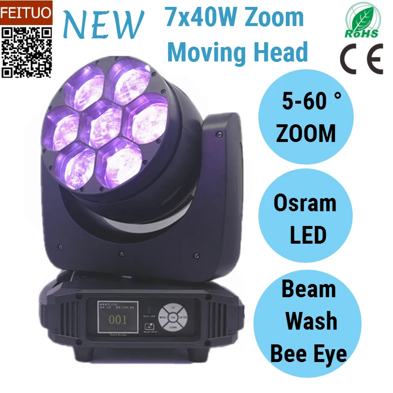 

free shipping 8pcs/lot 7x40w LED Zoom Moving Head Light Bee Eye Stage Effects RGBW 4IN1 Wash Light Disco Party DJ Lights