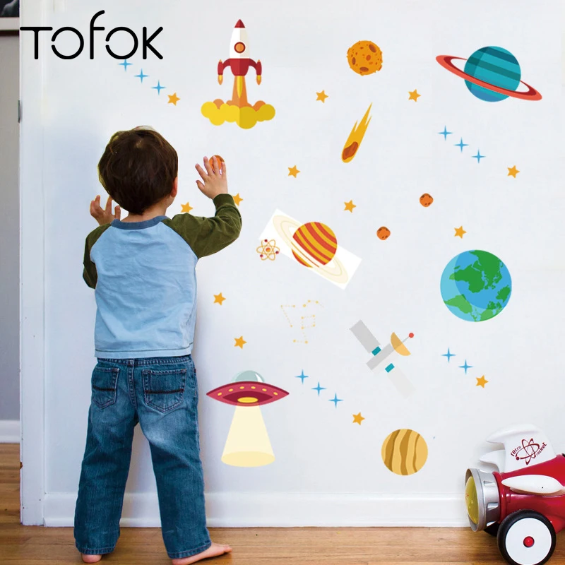 

Tofok Cartoon Space Rocket PVC Wall Sticker Creative Children Room Bedroom Mural Decals Self-adhesive Home Nursery Decoration