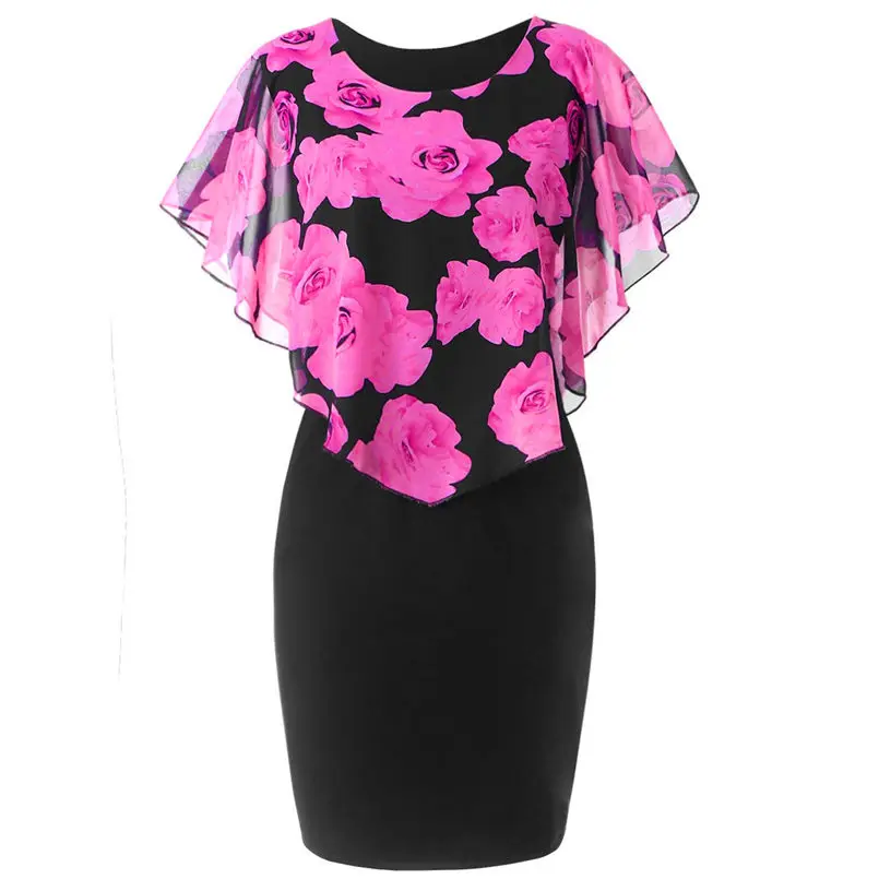 

Fashion elegant Women dress Casual Plus Size lovely Rose Print Chiffon O-Neck Ruffles Mini Dresses super quality Vestido 20