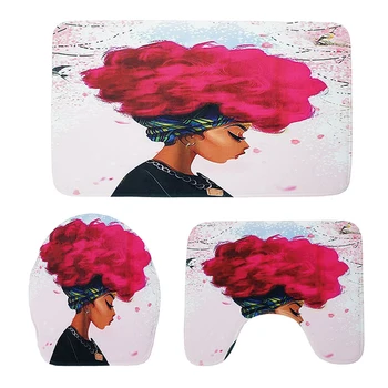 

3 in 1 Afro Women Pattern Bathroom Mat Set Antiskid Washroom Carpet Contour Mat Toilet Seat Lid Cover (Pink)