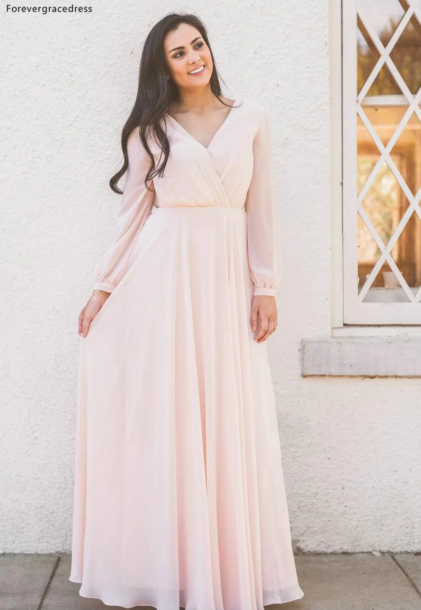 2019 New Country Bridesmaid Dresses Chiffon Flowy A Line V Neck Long Sleeves Maid of Honor Gowns For Country Weddings Evening Dress bm0238  70 (5)