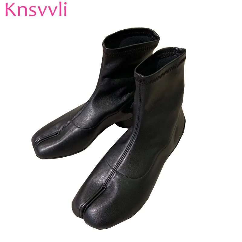 

Novelty Split Toe Ankle Boots Women Round Low Heels Fashion Catwalk Stretch Short Boots Black White Brown Leather Botas Mujer