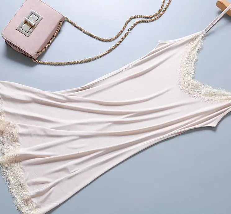 Women 50% Silk 50% Viscose Knit Silk Lace Neck Full Slip Sleepwear Chemise Adjustable Strap TG328
