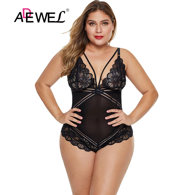 

SEBOWEL Sexy 2019 Plus Size Black White Lace Deep V Crossbody Bodysuit Push Up One Piece Body Suit Women Bathing Suits 5XL