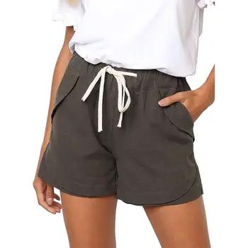 Womens Summer Drawstring Mid Rise Cotton Linen Shorts Elastic Waist Casual Solid Color Beach Pants Loose Trousers With Pockets grey casual drawstring waist zipper design pants with four pockets