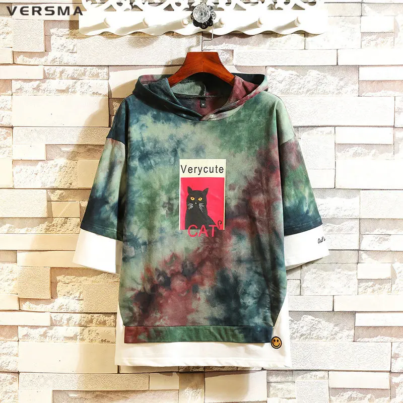 VERSMA, Корейская, Harajuku, с капюшоном, камуфляжная, с рисунком кота, футболка, мужская, летняя, хип-хоп, Swag, уличная, свободная, фальшивая, из двух частей, футболка для мужчин - Цвет: Red