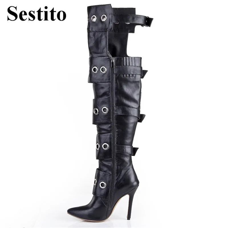 

European New Black Buckle Woman Long Boots Spring/Autumn Pointed Toe Over-the-Knee Boots Super High Thin Heels Zip Women Shoes