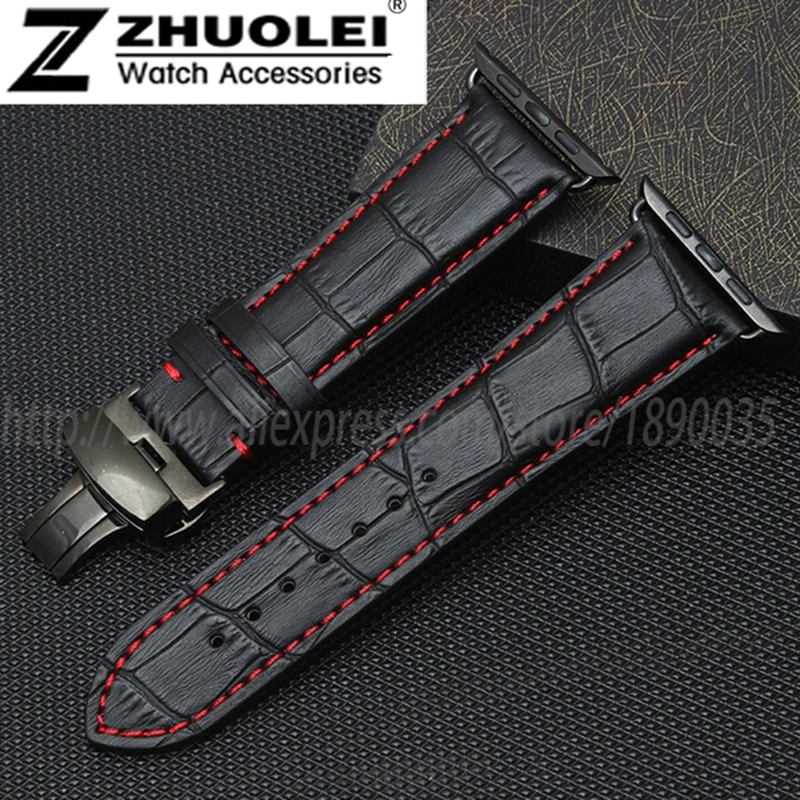 

38mm 42mm Genuine leather strap bracelet for apple watch bamboo template butterfly buckle watchband with silver black adapter