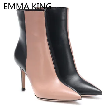 

2019 New Pointed Toe Mixed Color Ankle Boots Women Spring Autumn Elegant Ladies High Heels Shoes Woman Runway Short Martin Boots