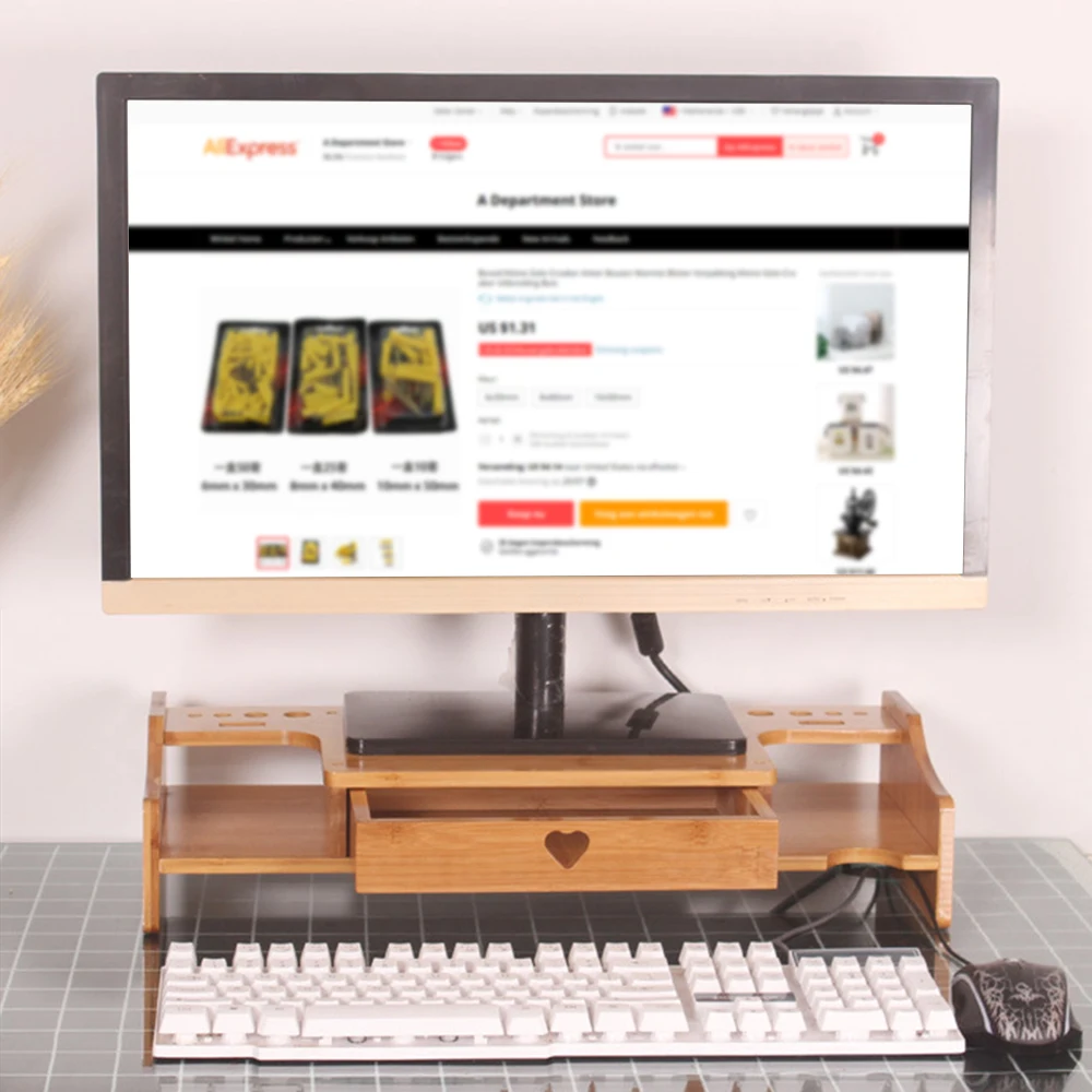

LCD Screen Cabinet Office Supplies Bamboo Computer Increased Shelf Desk Stationery Organizer Storage Rack Keyboard Shelf Bamboo