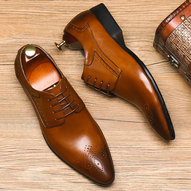 

Black , Brown 100% Genuine Leather Hollow Out Pointed Business Men Dress Shoes Design Brogue Wedding Shoes