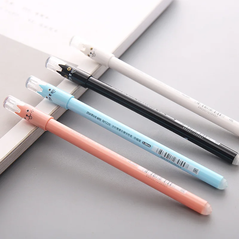 

4pcs Cartoon Cat Gel Pen Korean Erasable 0.38mm Black Ink Pens Lovely Student Writing Pen School Stationery Supplies