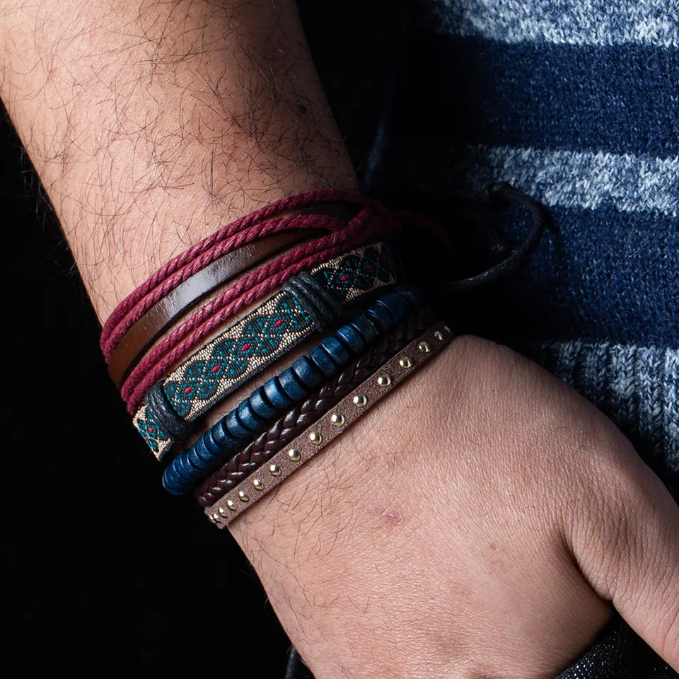 

Charm Vintage Braided Handmade Rope Wrap Brown Leather Multilayer Bracelet for men Fashion Blue bead Bangles B020455