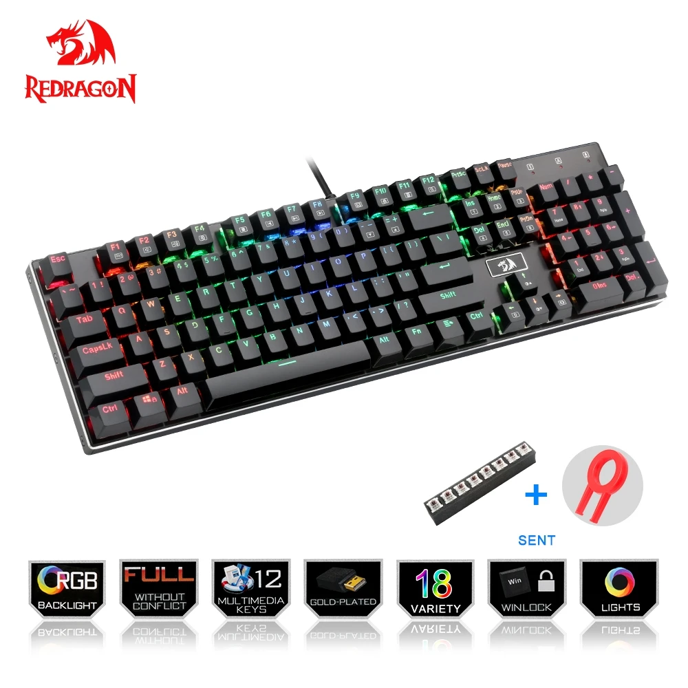 

Redragon K556 RGB Aluminum USB mechanical keyboard gaming ergonomic LED backlit 104 key anti-ghosting 104 wired Computer PC game