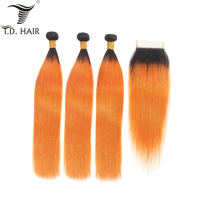 

tdhair Ombre Bundles with Closure 1B/Orange Brazilian Hair Weave Ombre Straight Human Hair 3 Bundles with 4*4 Closure for Women