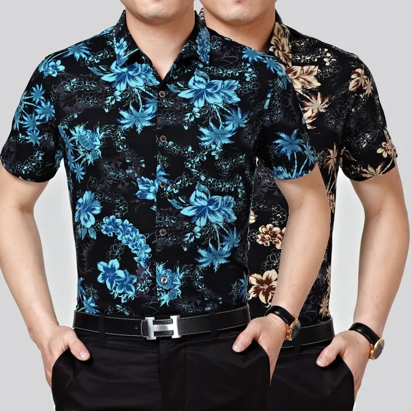 Летние новые модные с цветочным принтом с коротким рукавом Гавайский Мужская хлопчатобумажная рубашка, человек тропических гавайская