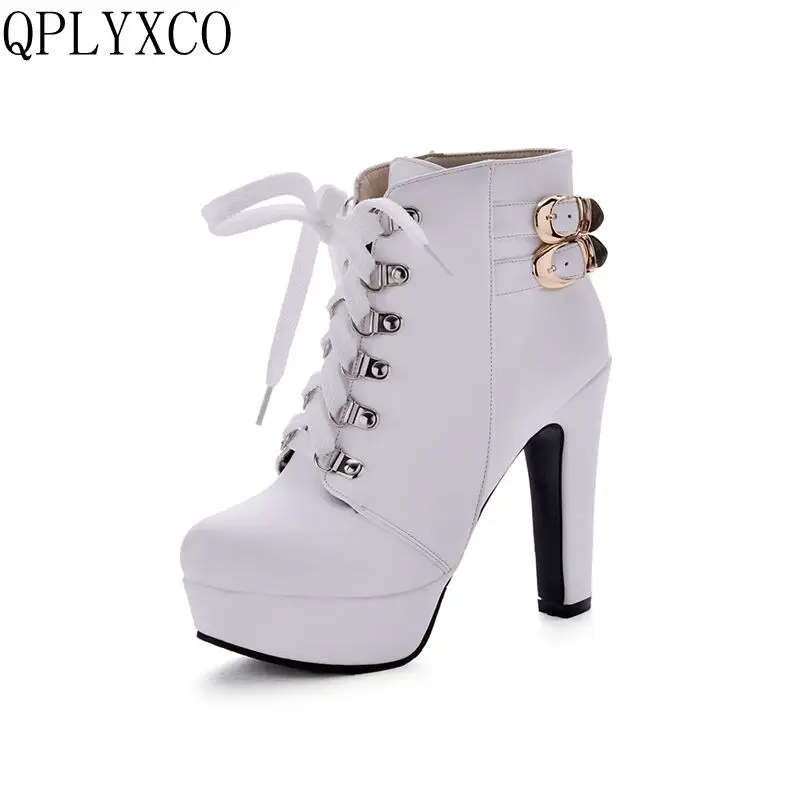 

QPLYXCO 2017 New Big size 34-50 ankle boot short Autumn winter Sexy Women's lace up high heels (12cm) wedding Party shoes 3872