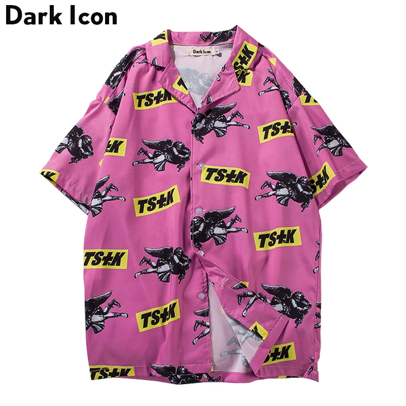 

Turn-down Collar Hawaii Style Men's Shirts 2018 Summer Pink Gun Full Printing Casual Shirt Men