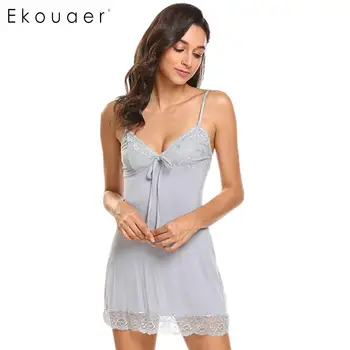 

Ekouaer Women Sexy Lingerie Nightdress Nightwear Lace Patchwork Slim Fit Babydoll Chemise Full Slips Sleepwear Female Nightgwon