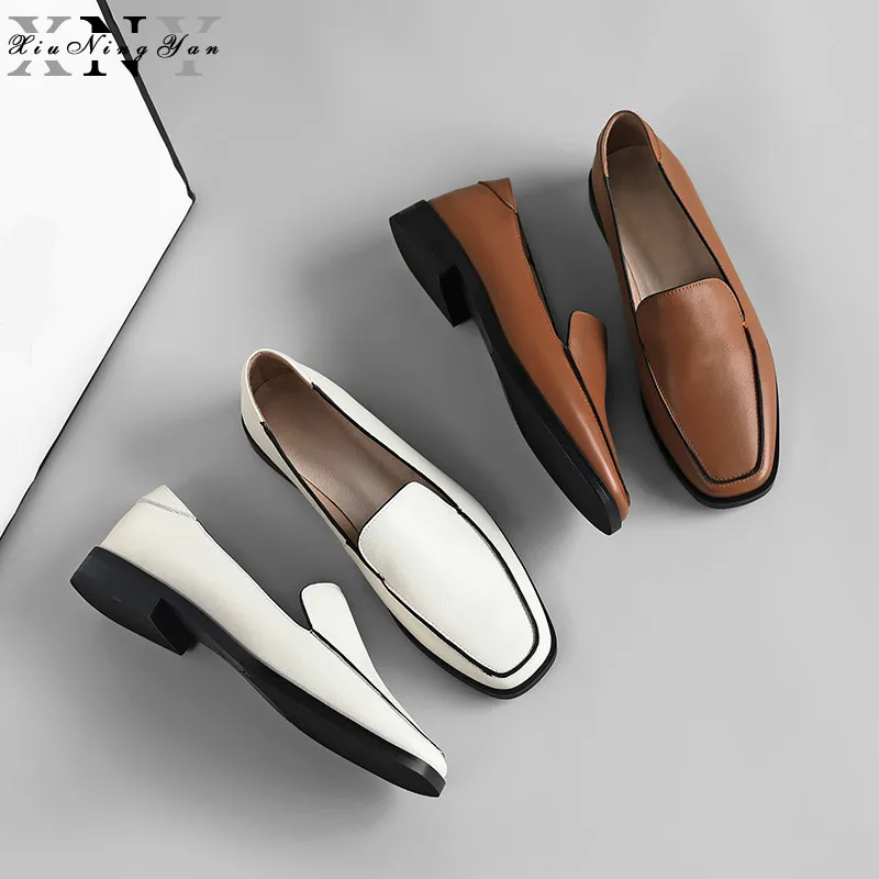 Brand Shoes Women Loafers Soft Leather Flats Basic Square Toe Fashion Ladies Loafers Genuine Leather Women Casual Shoes