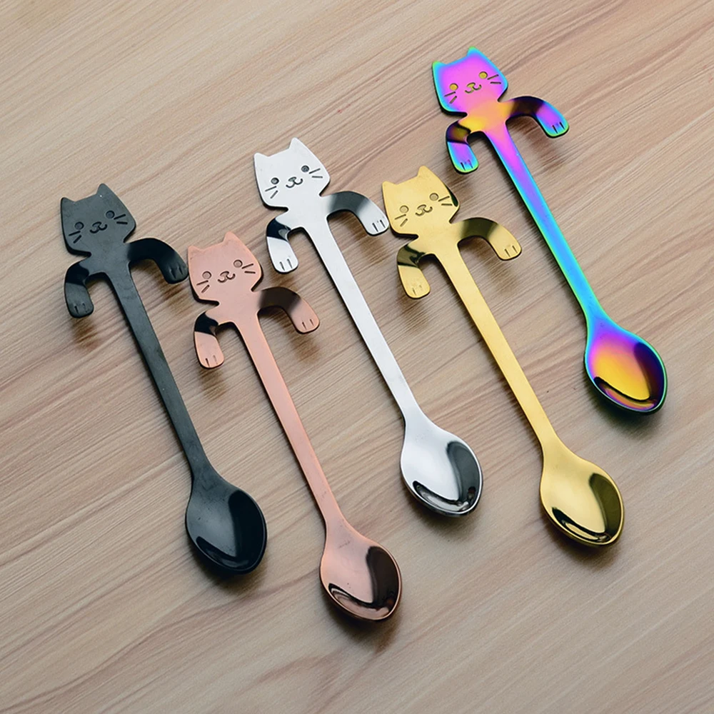 

4pcs Stainless Steel Mini Cartoon Cats Spoons for Coffee Tea Dessert Drink Mixing Milkshake Spoon Tableware Set Kitchen Supplies