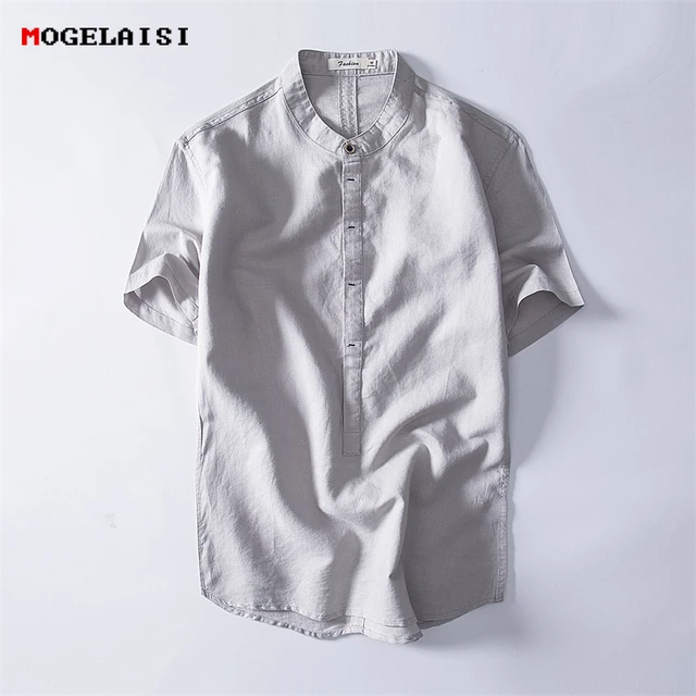 Mogelaisi Chinese Style Linen Shirts Men Summer Short Shirt Man