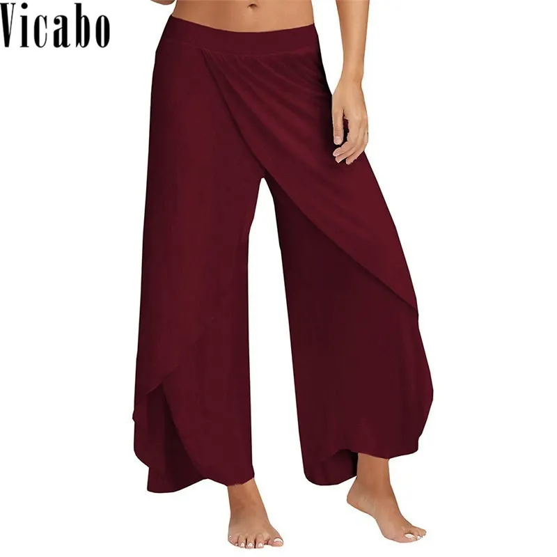 Vicabo Solid Split Wide Leg Pants Women Chiffon Mid Waist