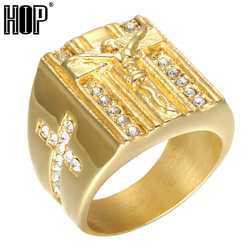 

HIP Hop Bling Gold Color Cross INRI Crucifix Jesus Ring Iced Out Crystal Titanium Stainless Steel Ring for Men Prayer Jewelry